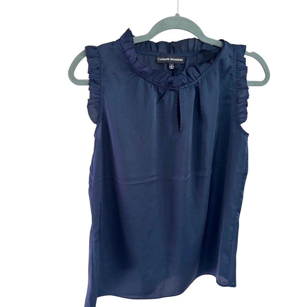 Catherine Malandrino French Chic Navy Silky Sleeveless Ruffle Keyhole Blouse XS